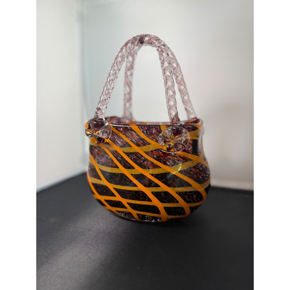 Fifth Avenue Crystal Glass‎ vase Purse Orange Black Swirl Twisted Handles